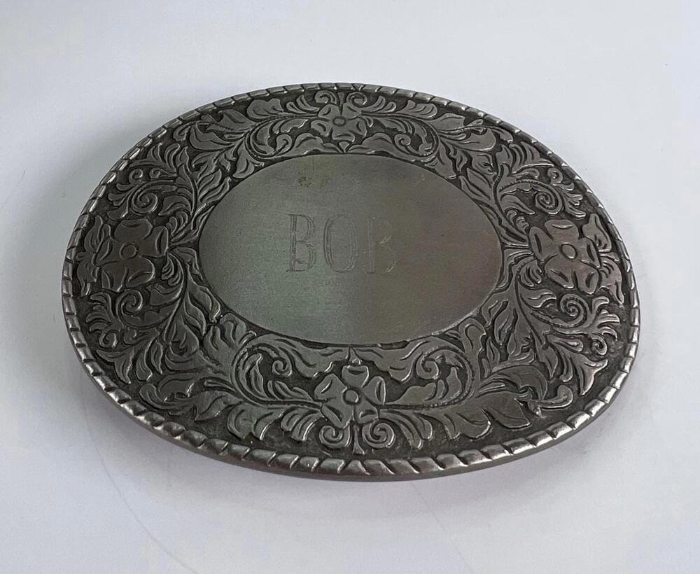 Vintage Silver Toned Oval Belt Buckle Engraved 'BOB' Western Floral Cowboy